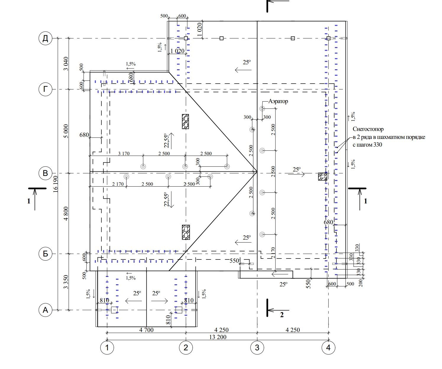 Roof plan. Dimensions in millimeters.