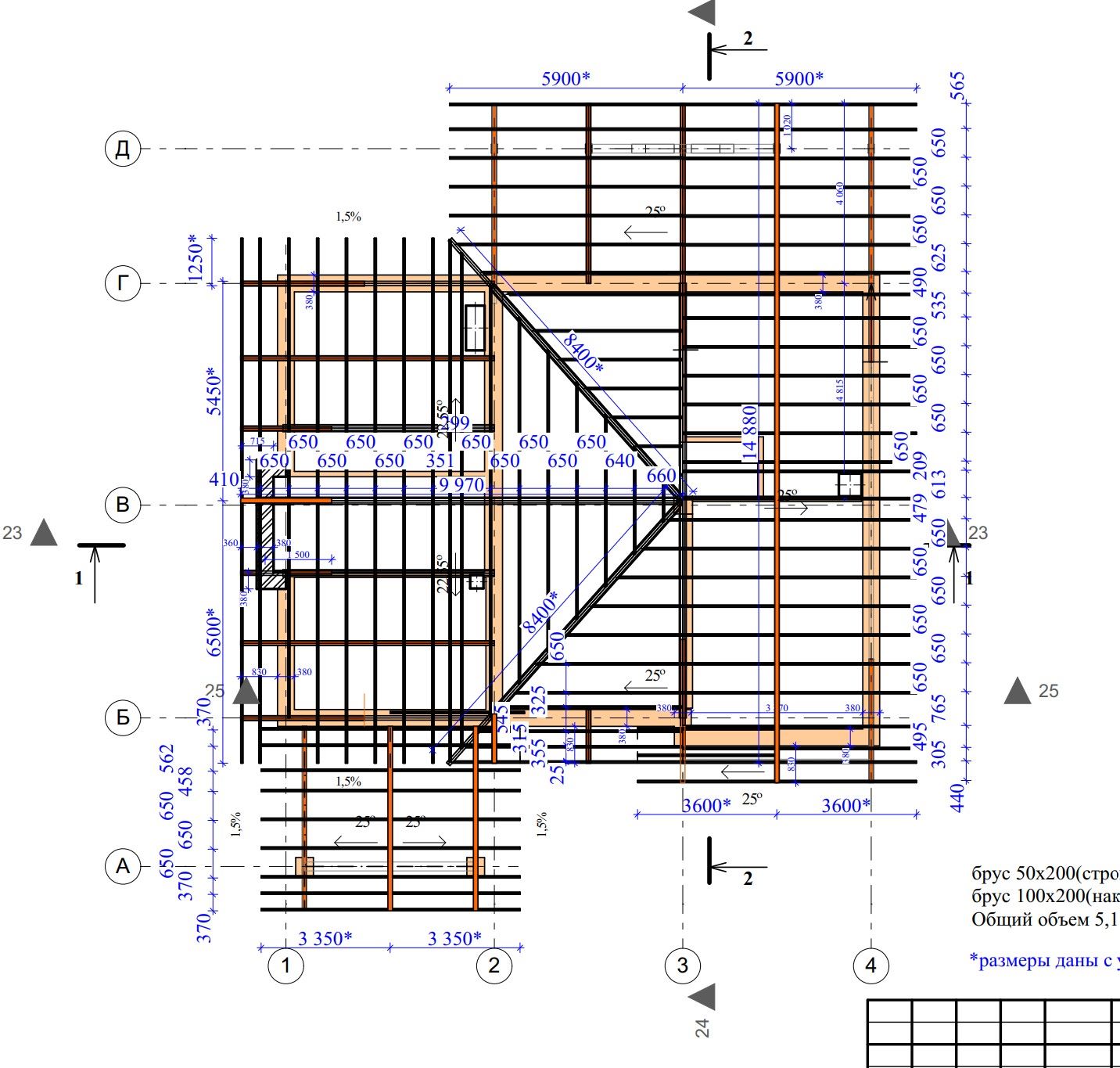 Roof rafter plan. Dimensions in millimeters.